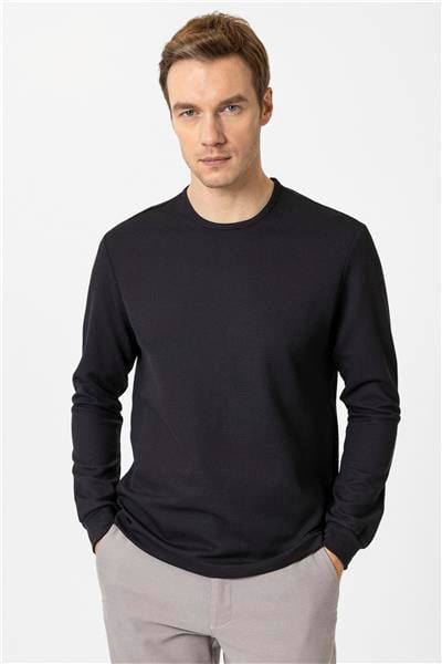 Siyah Slim Fit Armürlü Bisiklet Yaka Sweatshirt