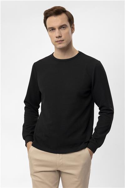 Siyah Slim Fit Armürlü Bisiklet Yaka Sweatshirt