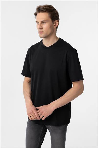 Siyah Slim Fit Armürlü Bisiklet Yaka Tişört