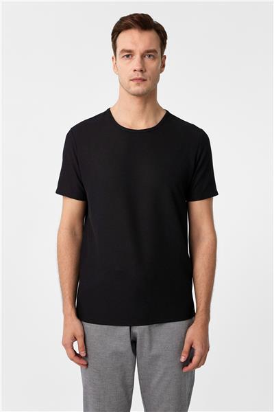 Siyah Slim Fit Armürlü Bisiklet Yaka Tişört