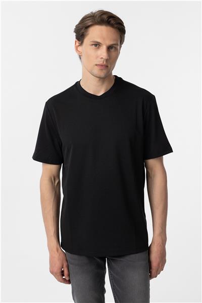 Siyah Slim Fit Armürlü Bisiklet Yaka Tişört
