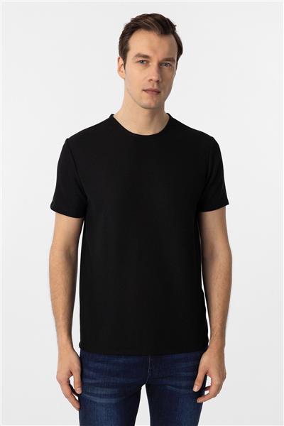 Siyah Slim Fit Armürlü Bisiklet Yaka Tişört