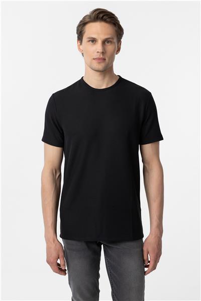 Siyah Slim Fit Armürlü Bisiklet Yaka Tişört