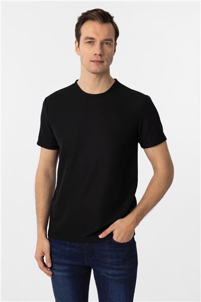 Siyah Slim Fit Armürlü Bisiklet Yaka Tişört