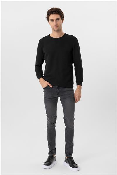 Siyah Slim Fit Armürlü Bisiklet Yaka Triko Kazak