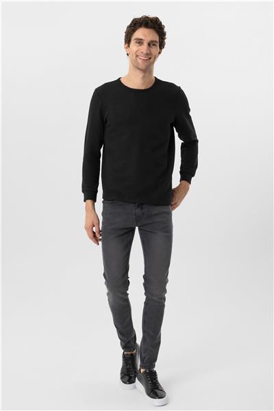 Siyah Slim Fit Armürlü Bisiklet Yaka Triko Kazak