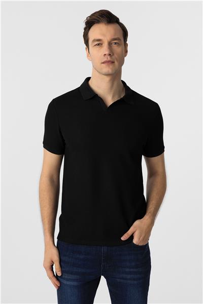 Siyah Slim Fit Armürlü Polo Yaka Tişört