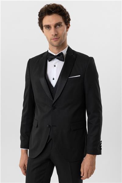 Siyah Slim Fit Armürlü Sivri Yaka 6 Drop Smokin & Damatlık