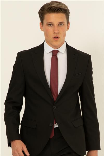 Siyah Slim Fit Armürlü Sivri Yaka 6 Drop Takım Elbise