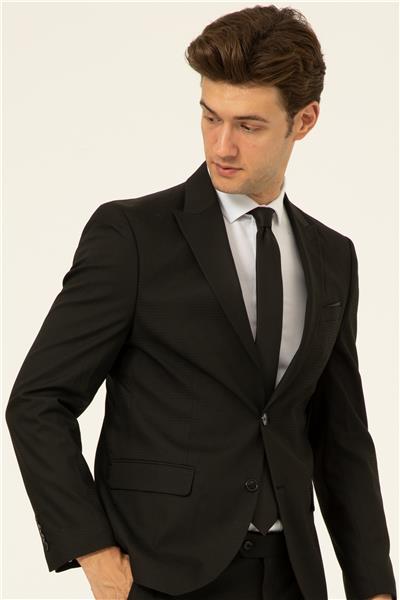 Siyah Slim Fit Armürlü Sivri Yaka 6 Drop Takım Elbise