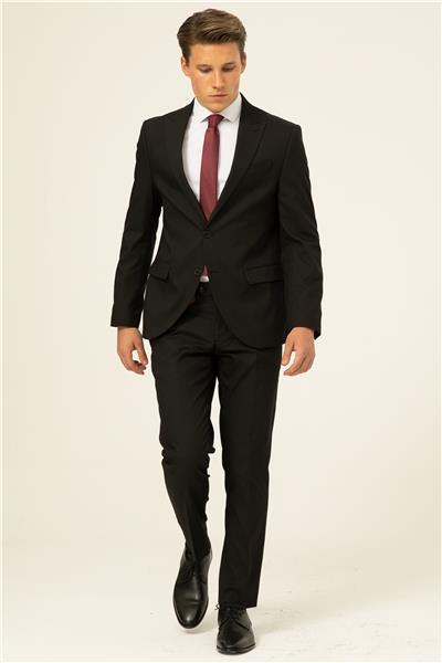 Siyah Slim Fit Armürlü Sivri Yaka 6 Drop Takım Elbise