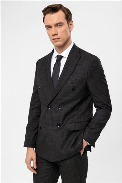Siyah Slim Fit Armürlü Sivri Yaka 6 Drop Klasik Takım Elbise