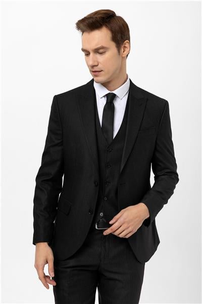 Siyah Slim Fit Armürlü Sivri Yaka 6 Drop Yelekli Klasik Takım Elbise