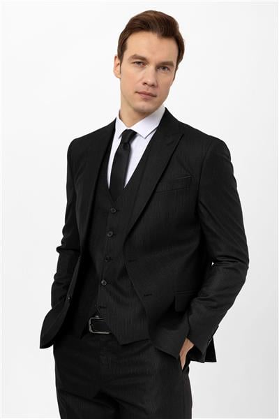 Siyah Slim Fit Armürlü Sivri Yaka 6 Drop Yelekli Klasik Takım Elbise