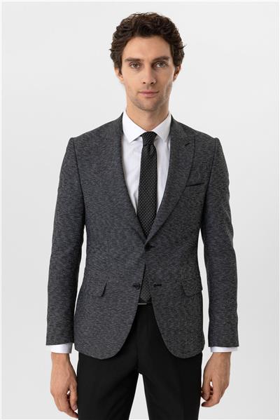 Siyah Slim Fit Armürlü Sivri Yaka 6 Drop Yelekli Klasik Takım Elbise