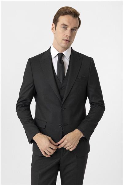 Siyah Slim Fit Armürlü Sivri Yaka 6 Drop Yelekli Klasik Takım Elbise