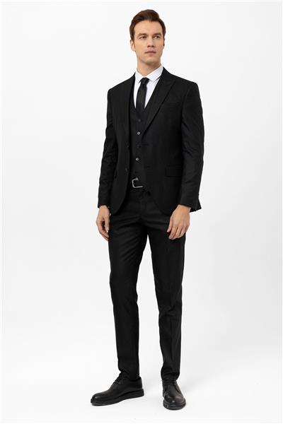Siyah Slim Fit Armürlü Sivri Yaka 6 Drop Yelekli Klasik Takım Elbise