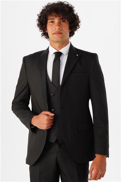 Siyah Slim Fit Armürlü Sivri Yaka 6 Drop Yelekli Klasik Takım Elbise