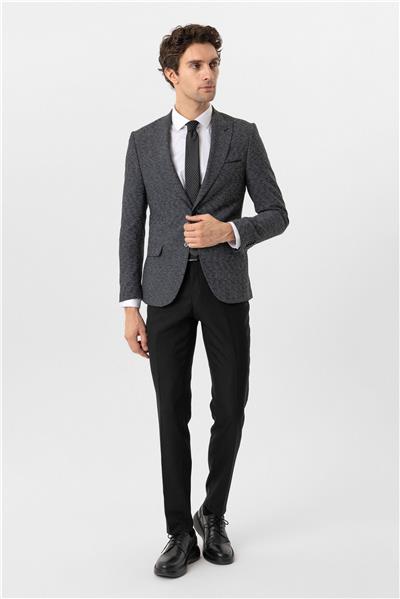 Siyah Slim Fit Armürlü Sivri Yaka 6 Drop Yelekli Klasik Takım Elbise