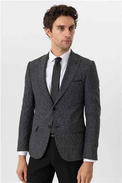 Siyah Slim Fit Armürlü Sivri Yaka 6 Drop Yelekli Klasik Takım Elbise