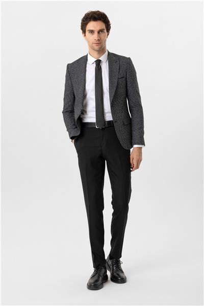 Siyah Slim Fit Armürlü Sivri Yaka 6 Drop Yelekli Klasik Takım Elbise