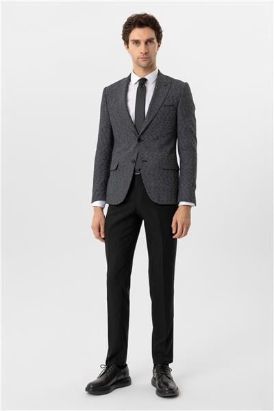 Siyah Slim Fit Armürlü Sivri Yaka 6 Drop Yelekli Klasik Takım Elbise