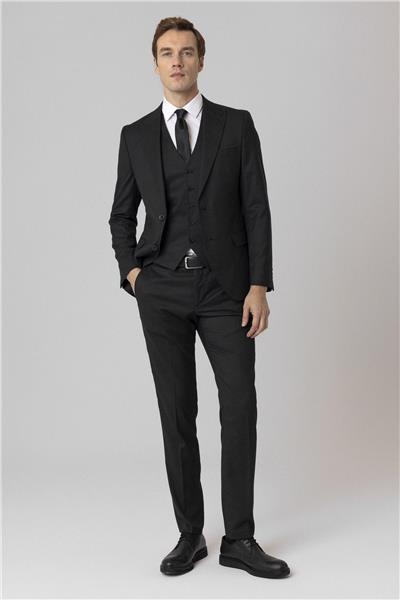 Siyah Slim Fit Armürlü Sivri Yaka 6 Drop Yelekli Klasik Takım Elbise