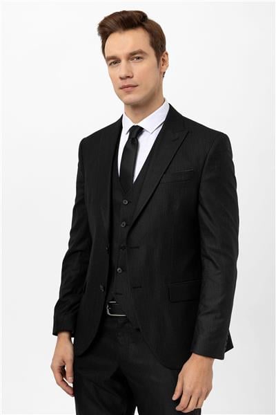 Siyah Slim Fit Armürlü Sivri Yaka 6 Drop Yelekli Klasik Takım Elbise