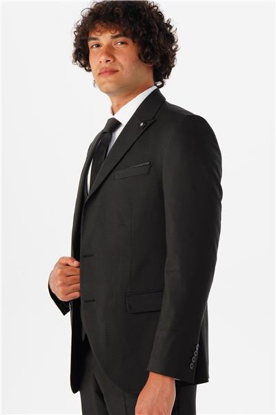 Siyah Slim Fit Armürlü Sivri Yaka 6 Drop Yelekli Klasik Takım Elbise