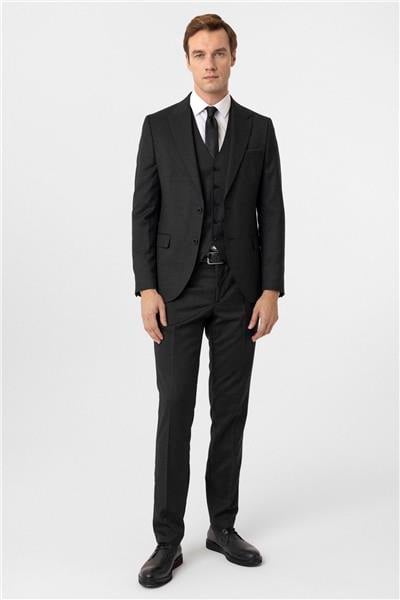 Siyah Slim Fit Armürlü Sivri Yaka 6 Drop Yelekli Klasik Takım Elbise