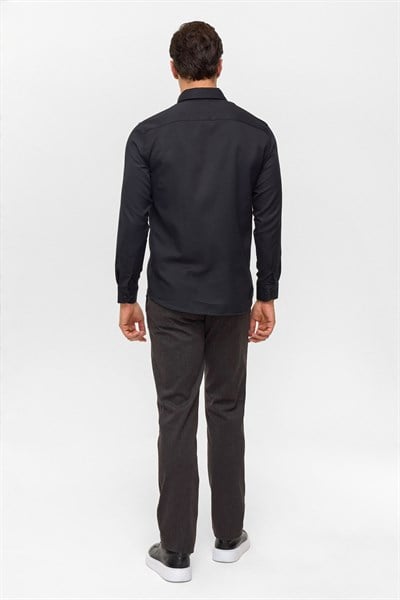 Siyah Slim Baskılı Düğmeli Yaka Gömlek