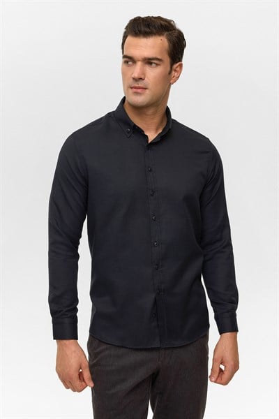 Siyah Slim Baskılı Düğmeli Yaka Gömlek