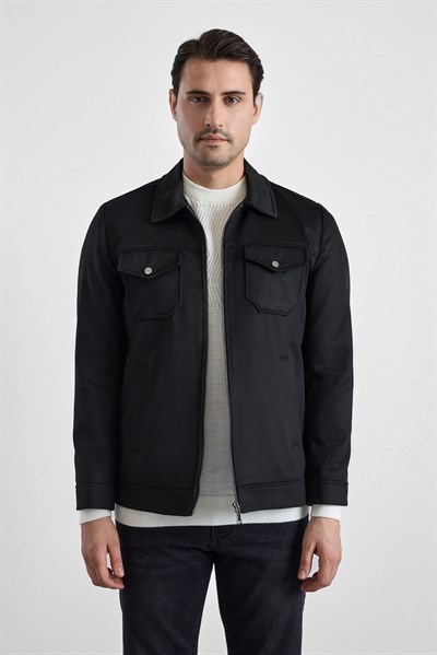 Siyah Slim Bebe Yaka Düz Mont