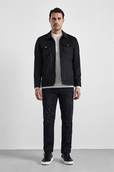 Siyah Slim Bebe Yaka Düz Mont