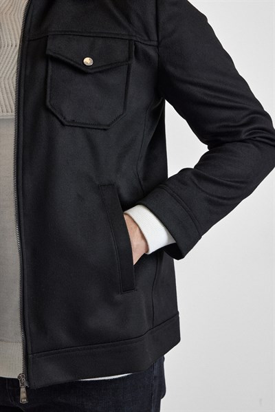 Siyah Slim Bebe Yaka Düz Mont