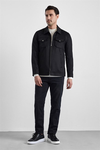 Siyah Slim Bebe Yaka Düz Mont