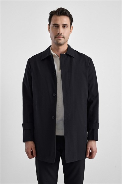 Siyah Slim Bebe Yaka Düz Yan Cepli Düğmeli Dolgusuz Standart Mont