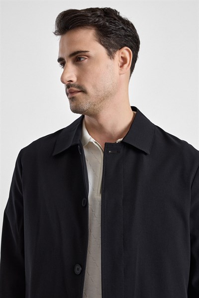 Siyah Slim Bebe Yaka Düz Yan Cepli Düğmeli Dolgusuz Standart Mont