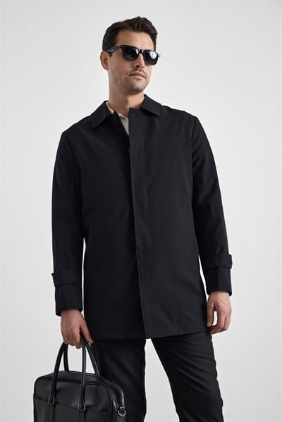 Siyah Slim Bebe Yaka Düz Yan Cepli Düğmeli Dolgusuz Standart Mont