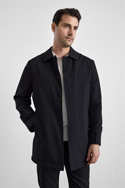 Siyah Slim Bebe Yaka Düz Yan Cepli Düğmeli Dolgusuz Standart Mont