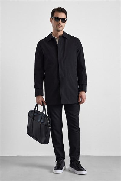 Siyah Slim Bebe Yaka Düz Yan Cepli Düğmeli Dolgusuz Standart Mont