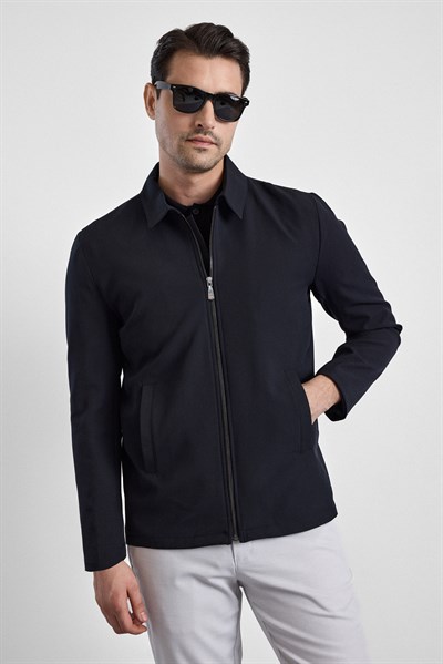 Siyah Slim Bebe Yaka Düz Yan Cepli Fermuarlı Dolgusuz Standart Mont