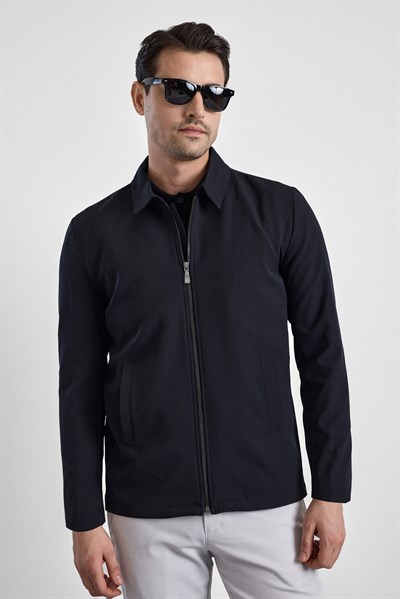 Siyah Slim Bebe Yaka Düz Yan Cepli Fermuarlı Dolgusuz Standart Mont