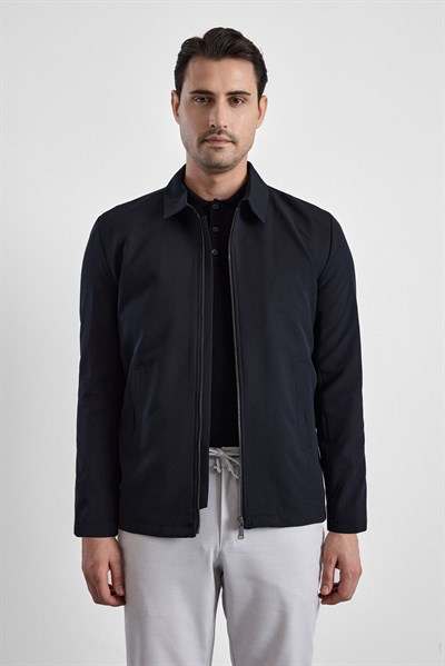 Siyah Slim Bebe Yaka Düz Yan Cepli Fermuarlı Dolgusuz Standart Mont