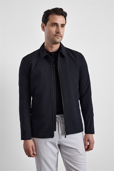 Siyah Slim Bebe Yaka Düz Yan Cepli Fermuarlı Dolgusuz Standart Mont