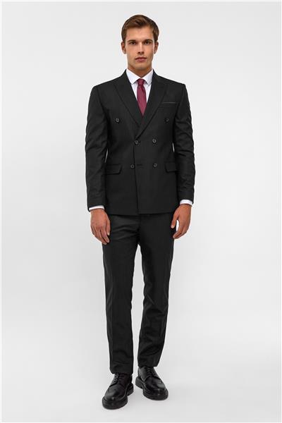 Siyah Slim Çizgili Sivri Yaka 6 Drop Takım Elbise