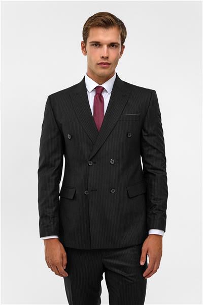 Siyah Slim Çizgili Sivri Yaka 6 Drop Takım Elbise