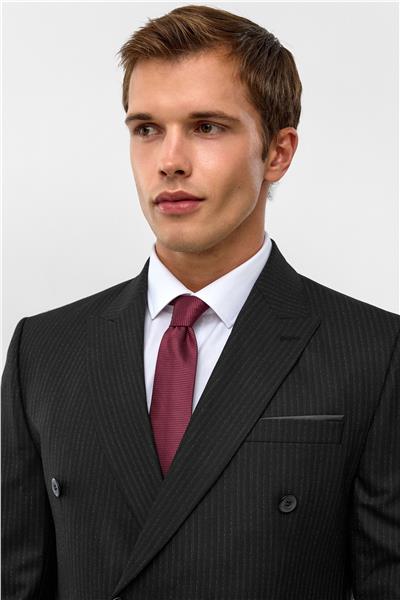 Siyah Slim Çizgili Sivri Yaka 6 Drop Takım Elbise