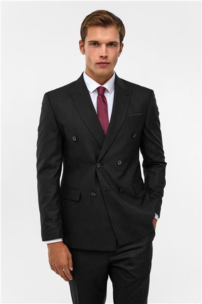 Siyah Slim Çizgili Sivri Yaka 6 Drop Takım Elbise