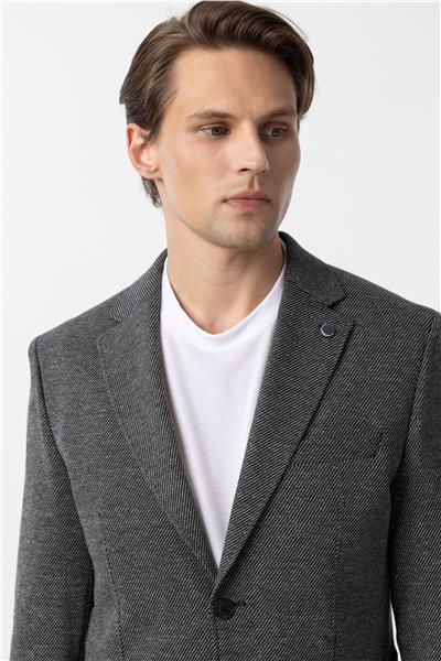 Siyah Slim Fit Desenli Mono Yaka 6 Drop Ceket